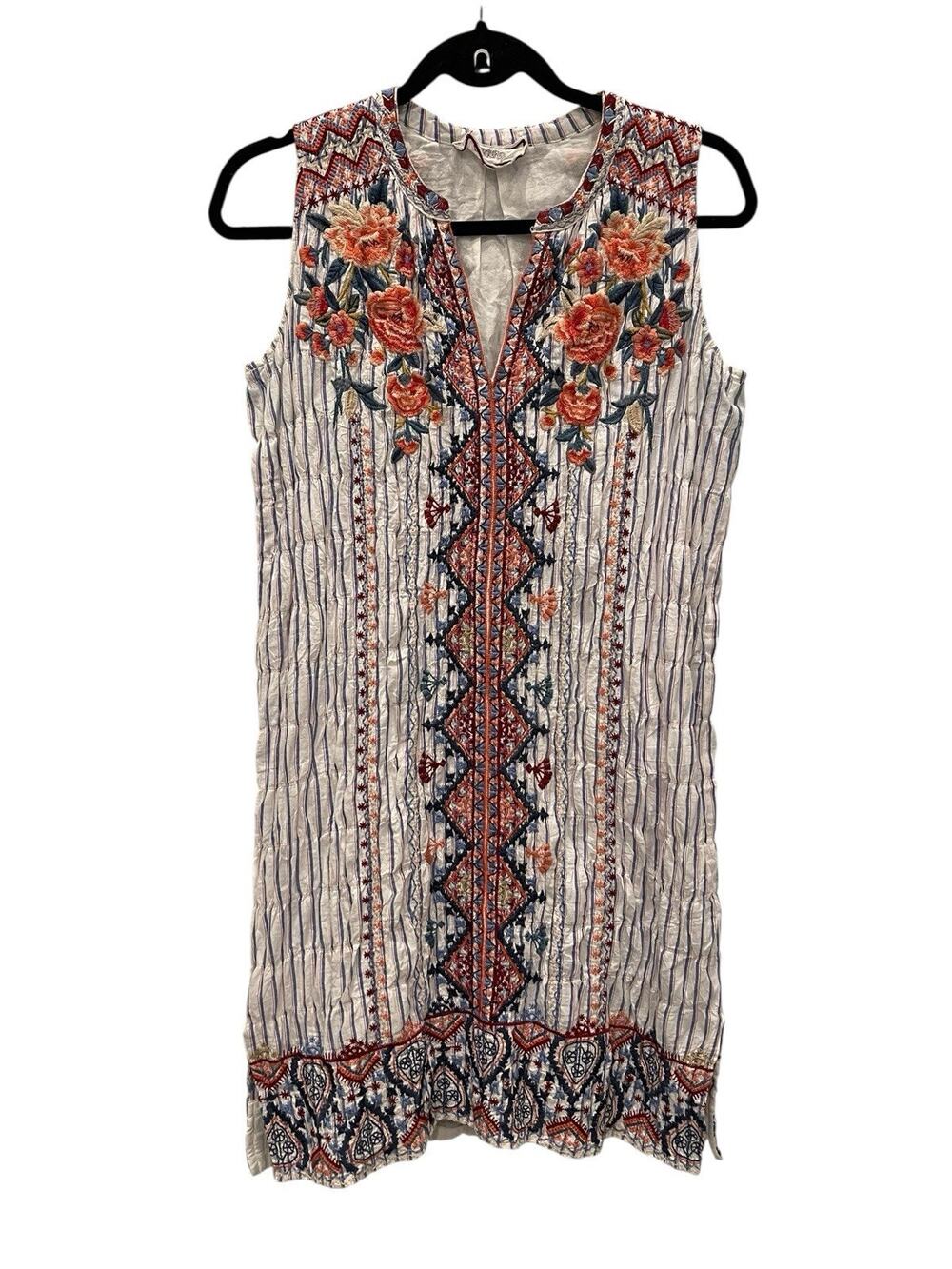 Johnny Was Workshop Sleeveless Embroidered Floral Cotton Shift Short Dress XS